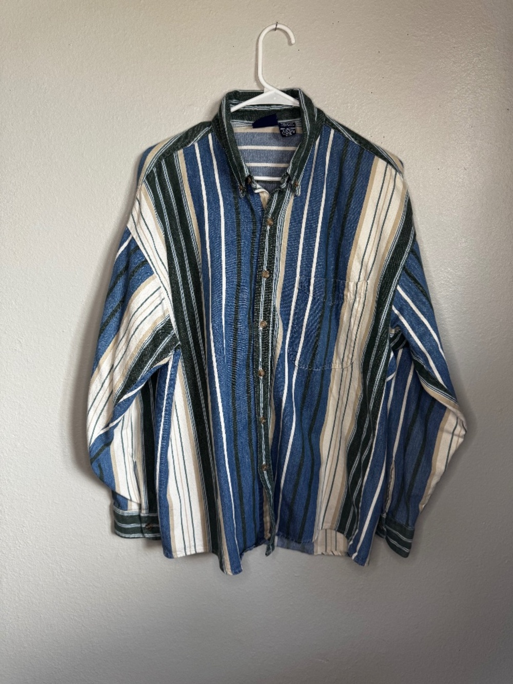 Bon Homme Mens Blue Tan And Green Stripped Button Down 100% cotton